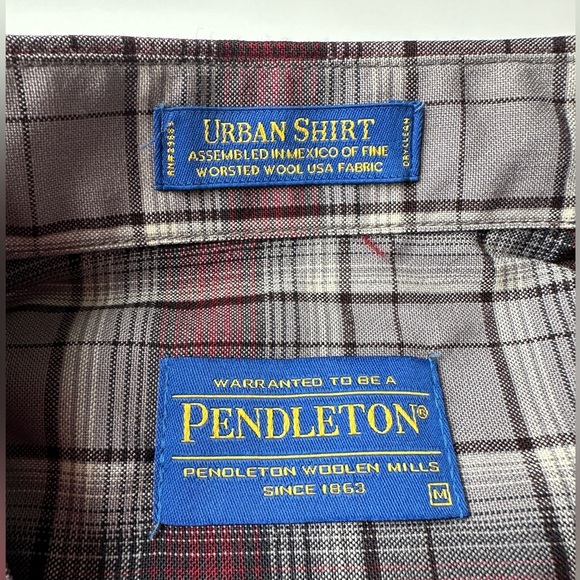 Pendleton Red Gray Plaid Worsted 100% Wool Button Up Urban Shirt Men’s Sz Medium - Picture 2 of 6